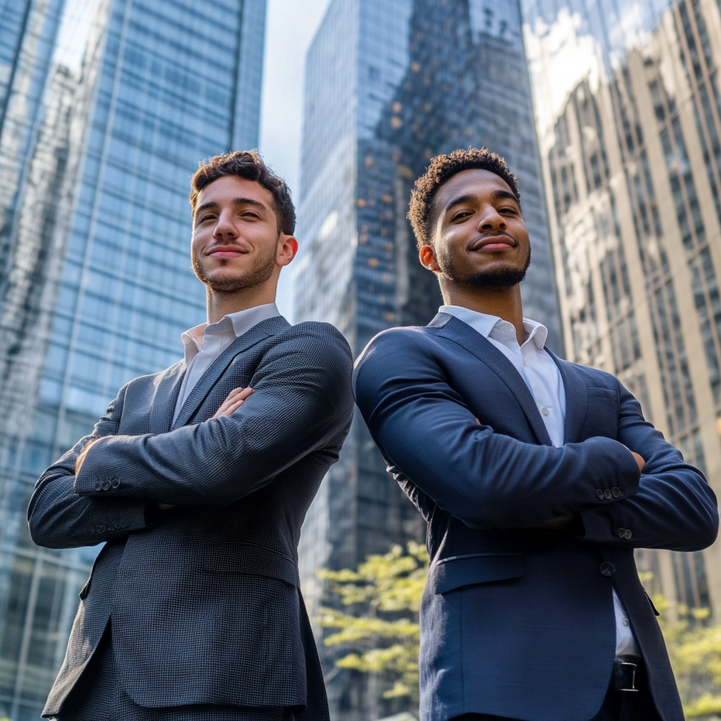 two young male entrepreneurs stand outside a busy new york city skyrise brainstorming brand development for their startup venture