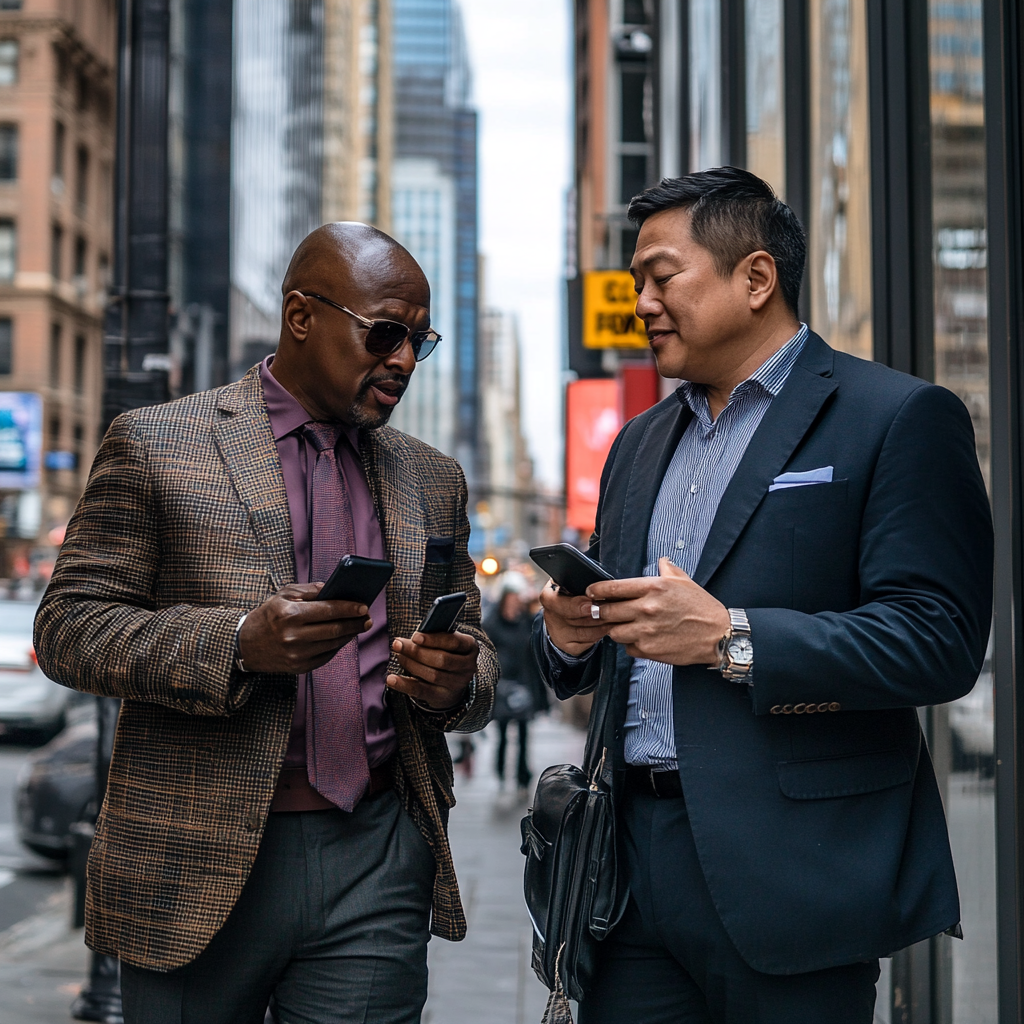 Two business men chatting about funding for their startup companies and scrolling on a social media network on their phones.