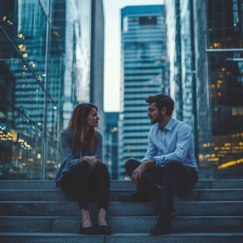 Man and woman sit outside graphic design agency comparing professional logo design and freelance logo design work.