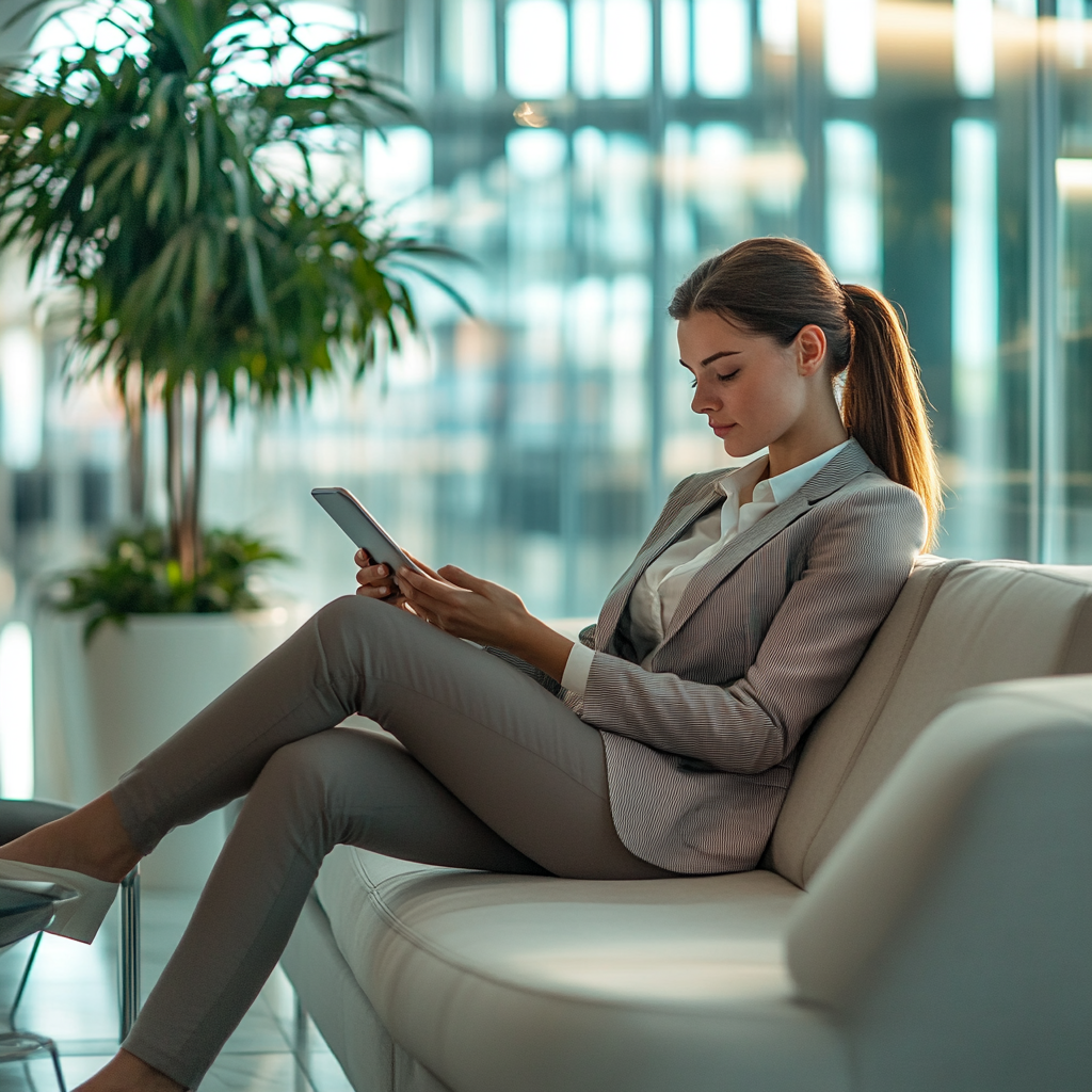 Corporate business woman looking at social media network on her mobile phone, planning strategies for startup companies.