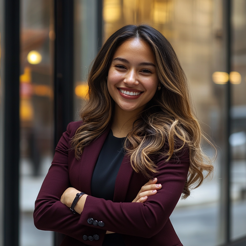 Business woman standing outside nyc skyrise with arms folded on chest, smiling, wearing maroon pantsuit